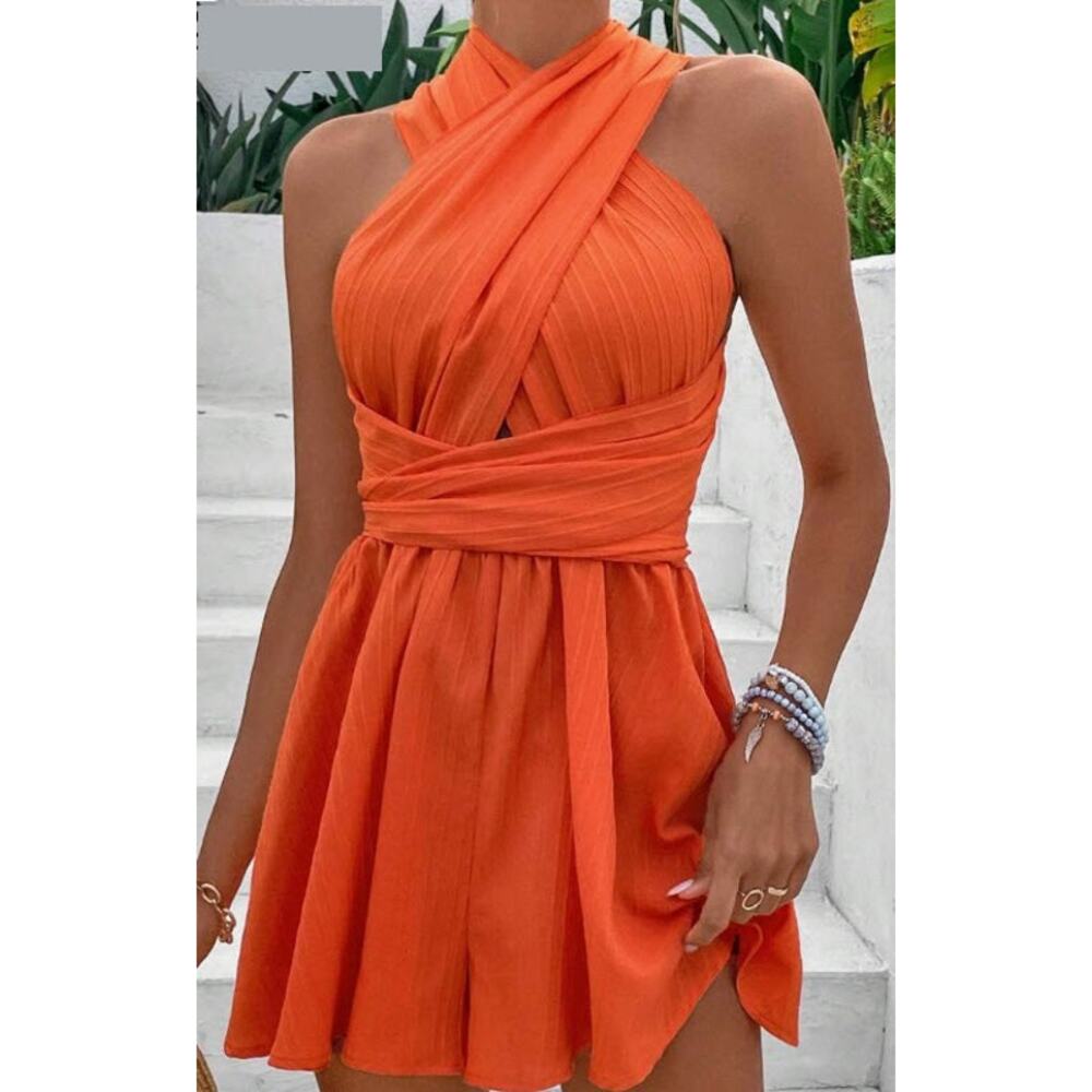 Orange Versatile Halter Tie Pleated Jumper Shorts SZ XL - Picture 3 of 11